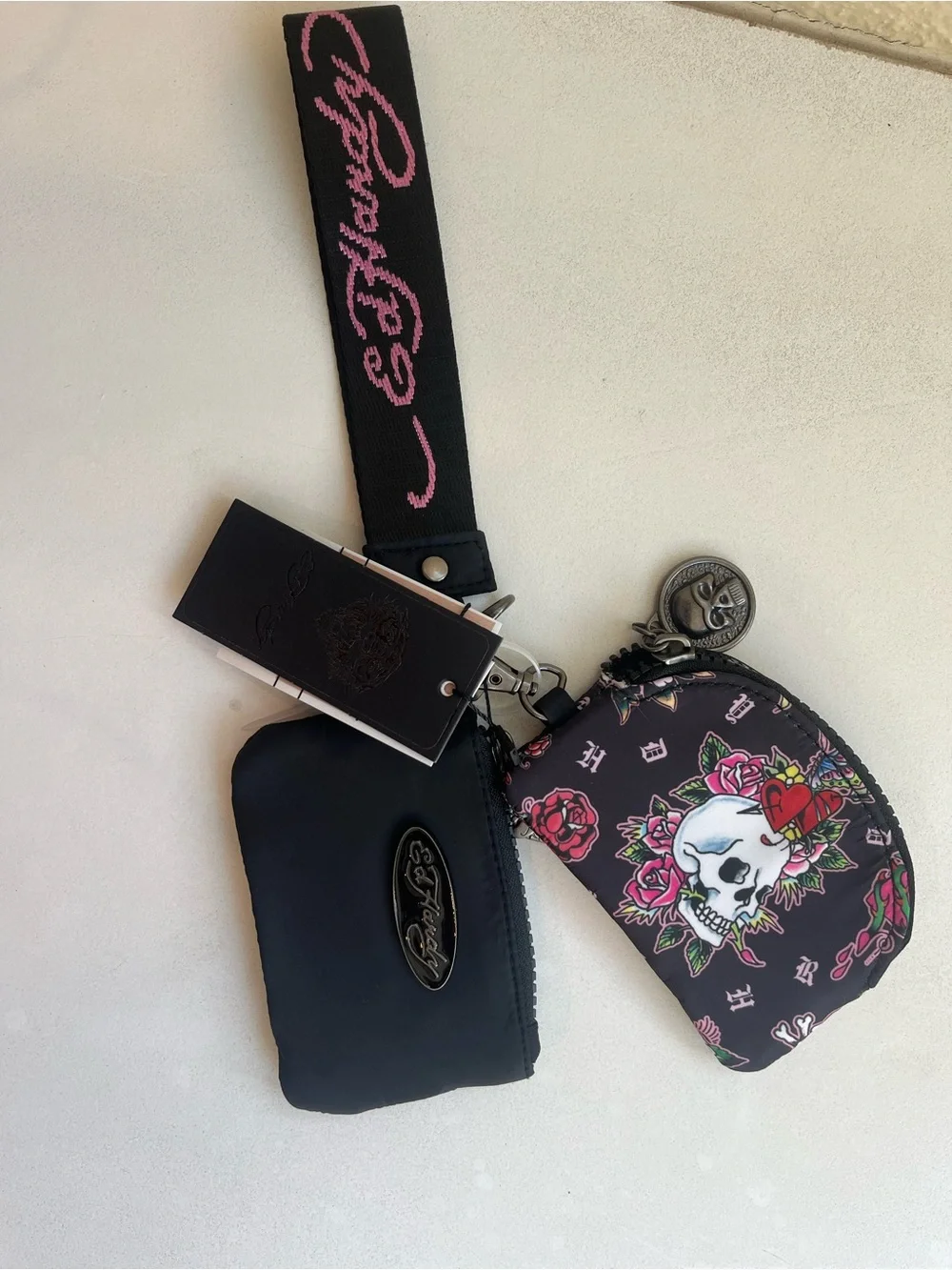 Ed Hardy Black & Pink Wristlet Coin/Card Pouch Set with Skull Print